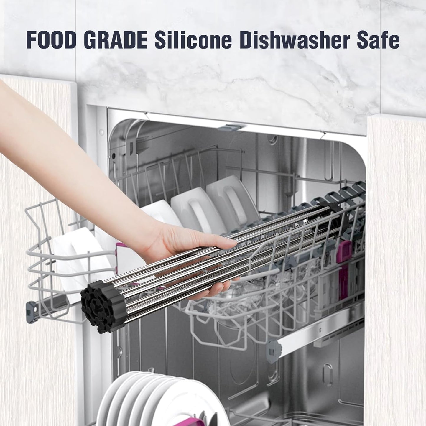 Roll Up Dish Drying Rack Over Sink, 304 Steel, 17.7x15.5, White | Anti-Slip Silicone Rims For Grip, Heat-Resistant Trivet Mat Holding Heavy Cookware, Rustproof Kitchen Counter Space Saver
