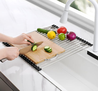 Roll Up Dish Drying Rack Over Sink, 304 Steel, 17.7x15.5, White | Anti-Slip Silicone Rims For Grip, Heat-Resistant Trivet Mat Holding Heavy Cookware, Rustproof Kitchen Counter Space Saver