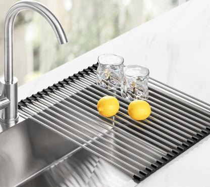 Roll Up Dish Drying Rack Over Sink, 304 Steel, 17.7x15.5, White | Anti-Slip Silicone Rims For Grip, Heat-Resistant Trivet Mat Holding Heavy Cookware, Rustproof Kitchen Counter Space Saver