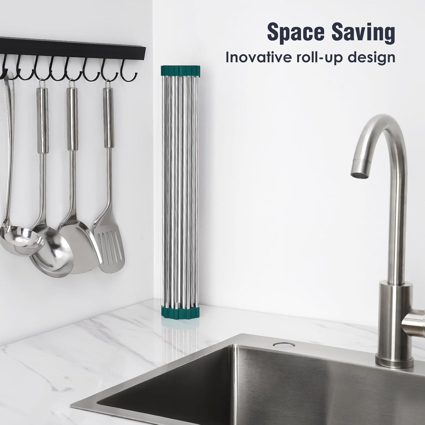 Roll Up Dish Drying Rack Over Sink, 304 Steel, 17.7x15.5, White | Anti-Slip Silicone Rims For Grip, Heat-Resistant Trivet Mat Holding Heavy Cookware, Rustproof Kitchen Counter Space Saver