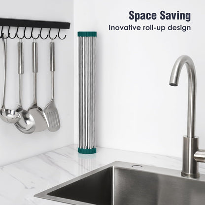 Roll Up Dish Drying Rack Over Sink, 304 Steel, 17.7x15.5, White | Anti-Slip Silicone Rims For Grip, Heat-Resistant Trivet Mat Holding Heavy Cookware, Rustproof Kitchen Counter Space Saver