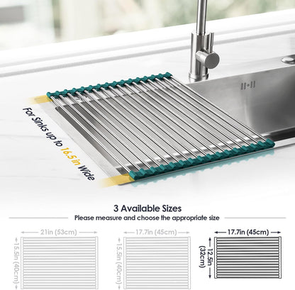 Roll Up Dish Drying Rack Over Sink, 304 Steel, 17.7x15.5, White | Anti-Slip Silicone Rims For Grip, Heat-Resistant Trivet Mat Holding Heavy Cookware, Rustproof Kitchen Counter Space Saver
