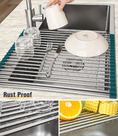 Roll Up Dish Drying Rack Over Sink, 304 Steel, 17.7x15.5, White | Anti-Slip Silicone Rims For Grip, Heat-Resistant Trivet Mat Holding Heavy Cookware, Rustproof Kitchen Counter Space Saver