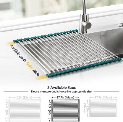 Roll Up Dish Drying Rack Over Sink, 304 Steel, 17.7x15.5, White | Anti-Slip Silicone Rims For Grip, Heat-Resistant Trivet Mat Holding Heavy Cookware, Rustproof Kitchen Counter Space Saver