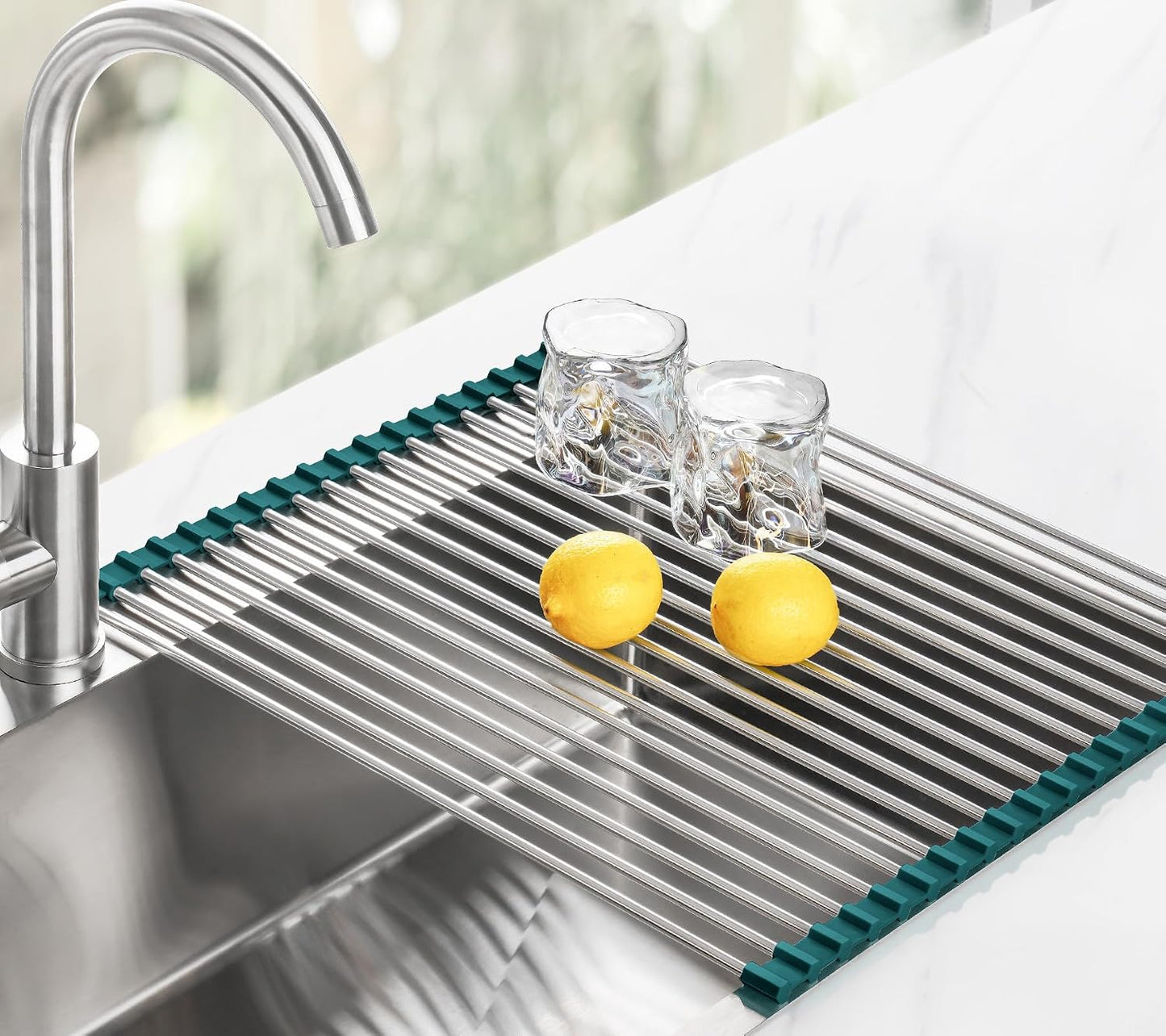 Roll Up Dish Drying Rack Over Sink, 304 Steel, 17.7x15.5, White | Anti-Slip Silicone Rims For Grip, Heat-Resistant Trivet Mat Holding Heavy Cookware, Rustproof Kitchen Counter Space Saver