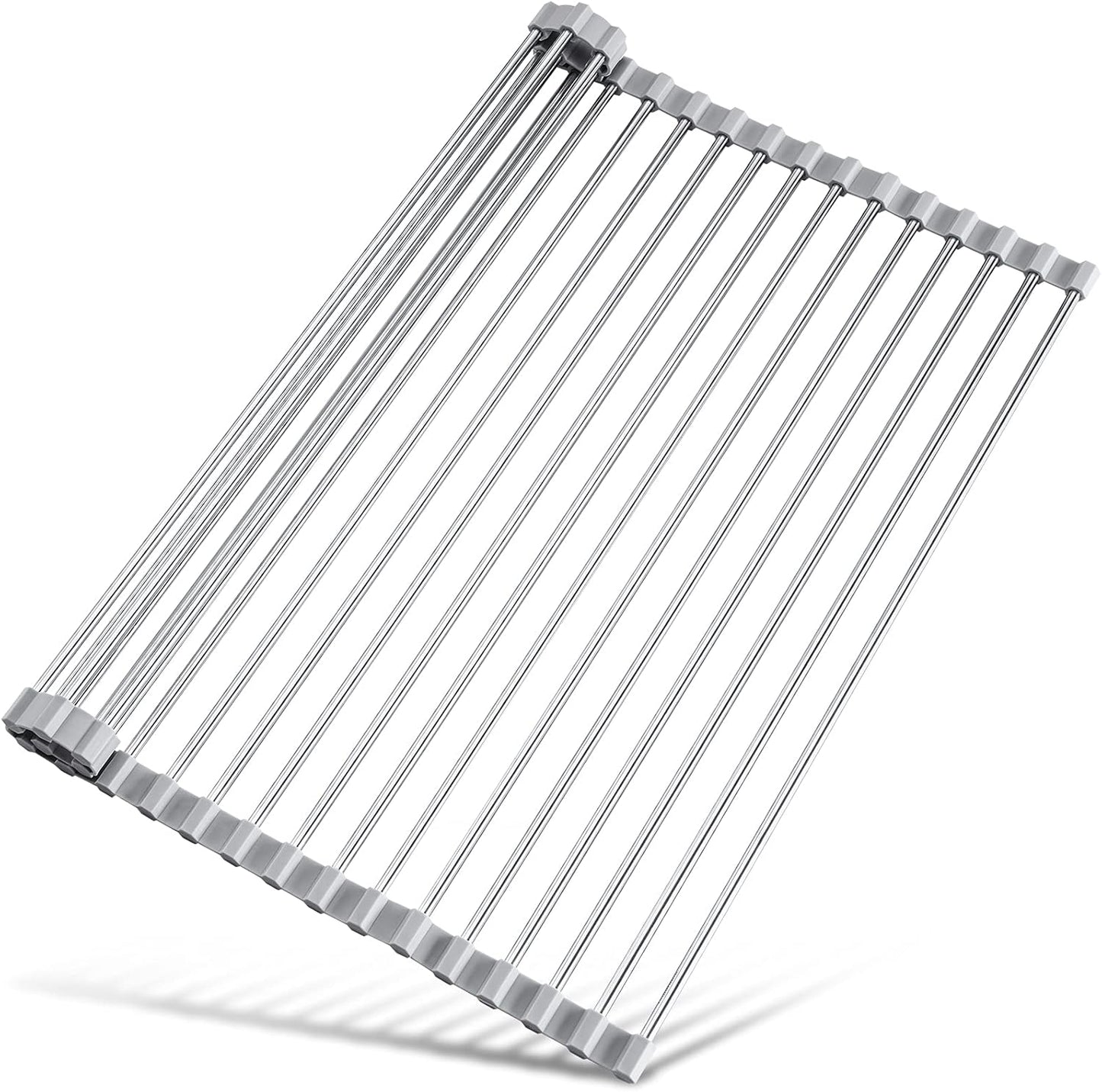 Roll Up Dish Drying Rack Over Sink, 304 Steel, 17.7x15.5, White | Anti-Slip Silicone Rims For Grip, Heat-Resistant Trivet Mat Holding Heavy Cookware, Rustproof Kitchen Counter Space Saver