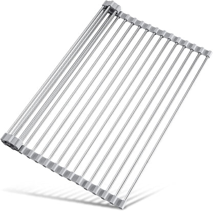 Roll Up Dish Drying Rack Over Sink, 304 Steel, 17.7x15.5, White | Anti-Slip Silicone Rims For Grip, Heat-Resistant Trivet Mat Holding Heavy Cookware, Rustproof Kitchen Counter Space Saver