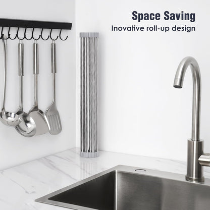 Roll Up Dish Drying Rack Over Sink, 304 Steel, 17.7x15.5, White | Anti-Slip Silicone Rims For Grip, Heat-Resistant Trivet Mat Holding Heavy Cookware, Rustproof Kitchen Counter Space Saver