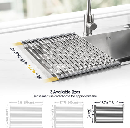 Roll Up Dish Drying Rack Over Sink, 304 Steel, 17.7x15.5, White | Anti-Slip Silicone Rims For Grip, Heat-Resistant Trivet Mat Holding Heavy Cookware, Rustproof Kitchen Counter Space Saver