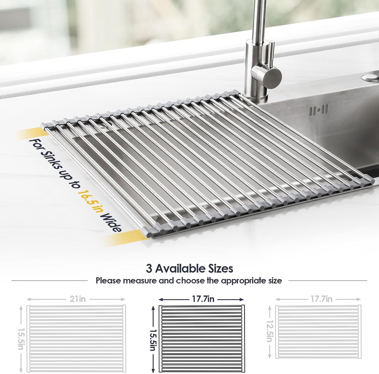 Roll Up Dish Drying Rack Over Sink, 304 Steel, 17.7x15.5, White | Anti-Slip Silicone Rims For Grip, Heat-Resistant Trivet Mat Holding Heavy Cookware, Rustproof Kitchen Counter Space Saver