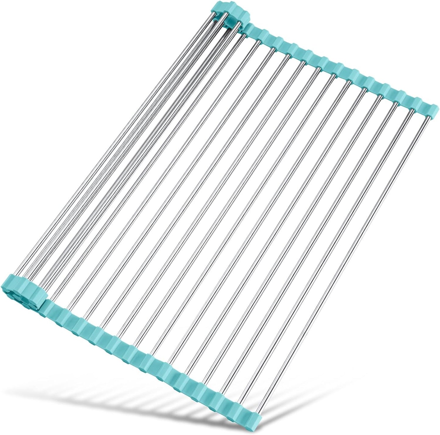 Roll Up Dish Drying Rack Over Sink, 304 Steel, 17.7x15.5, White | Anti-Slip Silicone Rims For Grip, Heat-Resistant Trivet Mat Holding Heavy Cookware, Rustproof Kitchen Counter Space Saver