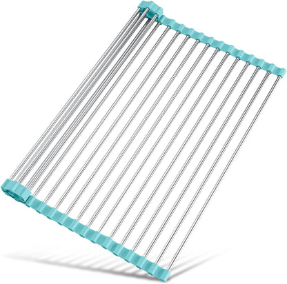 Roll Up Dish Drying Rack Over Sink, 304 Steel, 17.7x15.5, White | Anti-Slip Silicone Rims For Grip, Heat-Resistant Trivet Mat Holding Heavy Cookware, Rustproof Kitchen Counter Space Saver