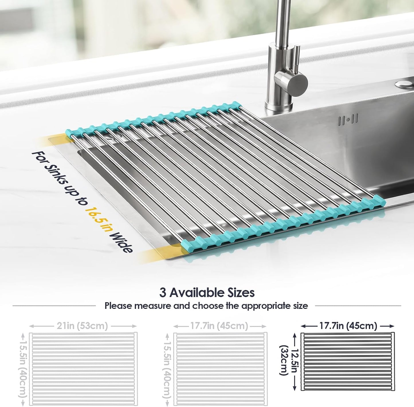 Roll Up Dish Drying Rack Over Sink, 304 Steel, 17.7x15.5, White | Anti-Slip Silicone Rims For Grip, Heat-Resistant Trivet Mat Holding Heavy Cookware, Rustproof Kitchen Counter Space Saver