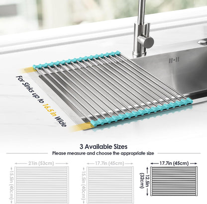 Roll Up Dish Drying Rack Over Sink, 304 Steel, 17.7x15.5, White | Anti-Slip Silicone Rims For Grip, Heat-Resistant Trivet Mat Holding Heavy Cookware, Rustproof Kitchen Counter Space Saver