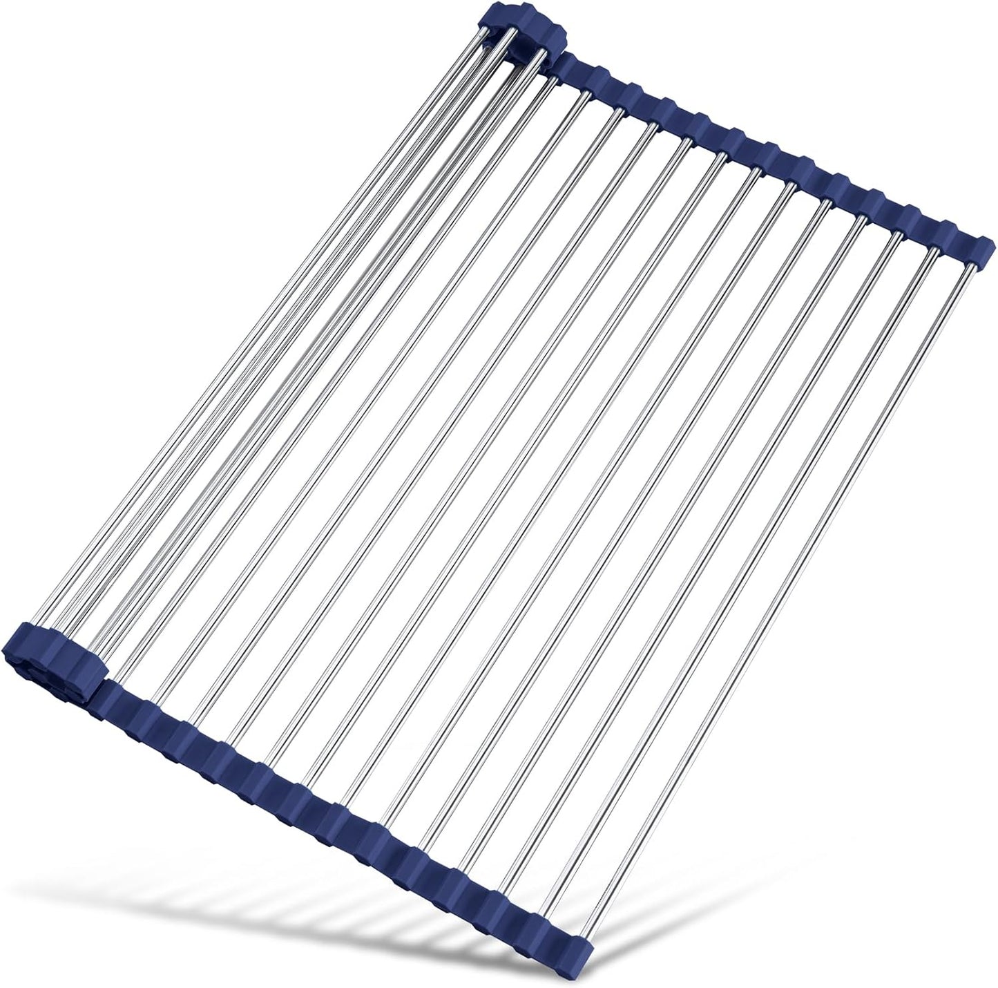 Roll Up Dish Drying Rack Over Sink, 304 Steel, 17.7x15.5, White | Anti-Slip Silicone Rims For Grip, Heat-Resistant Trivet Mat Holding Heavy Cookware, Rustproof Kitchen Counter Space Saver