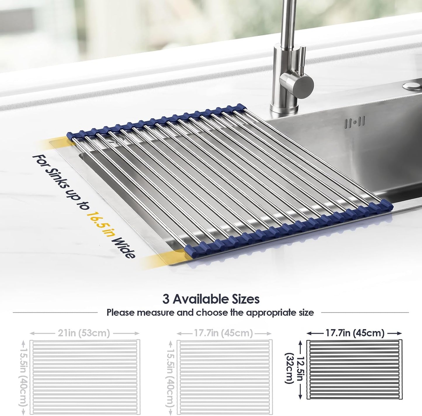 Roll Up Dish Drying Rack Over Sink, 304 Steel, 17.7x15.5, White | Anti-Slip Silicone Rims For Grip, Heat-Resistant Trivet Mat Holding Heavy Cookware, Rustproof Kitchen Counter Space Saver