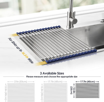 Roll Up Dish Drying Rack Over Sink, 304 Steel, 17.7x15.5, White | Anti-Slip Silicone Rims For Grip, Heat-Resistant Trivet Mat Holding Heavy Cookware, Rustproof Kitchen Counter Space Saver