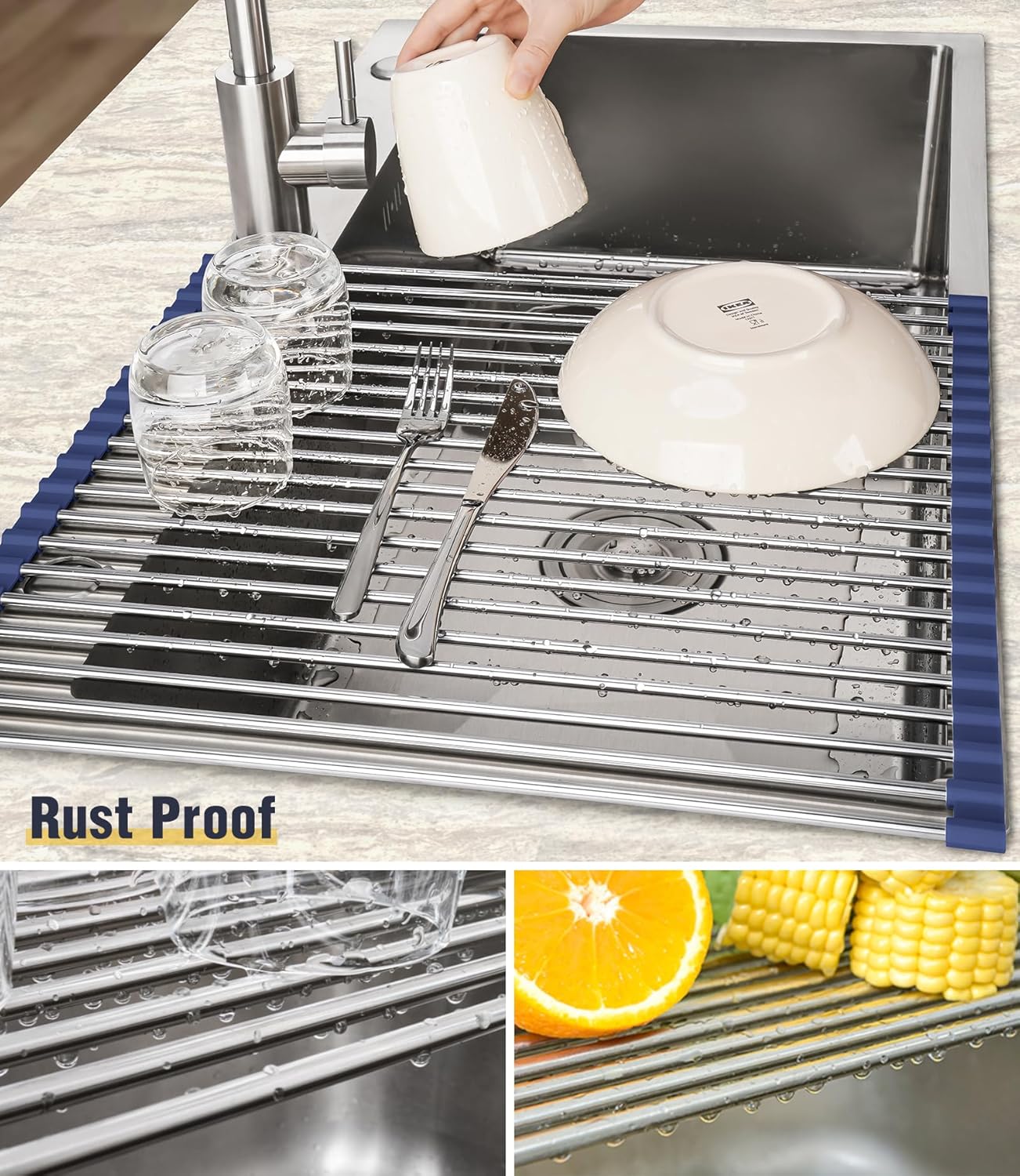 Roll Up Dish Drying Rack Over Sink, 304 Steel, 17.7x15.5, White | Anti-Slip Silicone Rims For Grip, Heat-Resistant Trivet Mat Holding Heavy Cookware, Rustproof Kitchen Counter Space Saver