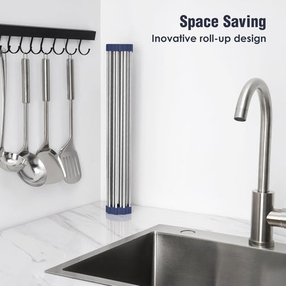 Roll Up Dish Drying Rack Over Sink, 304 Steel, 17.7x15.5, White | Anti-Slip Silicone Rims For Grip, Heat-Resistant Trivet Mat Holding Heavy Cookware, Rustproof Kitchen Counter Space Saver