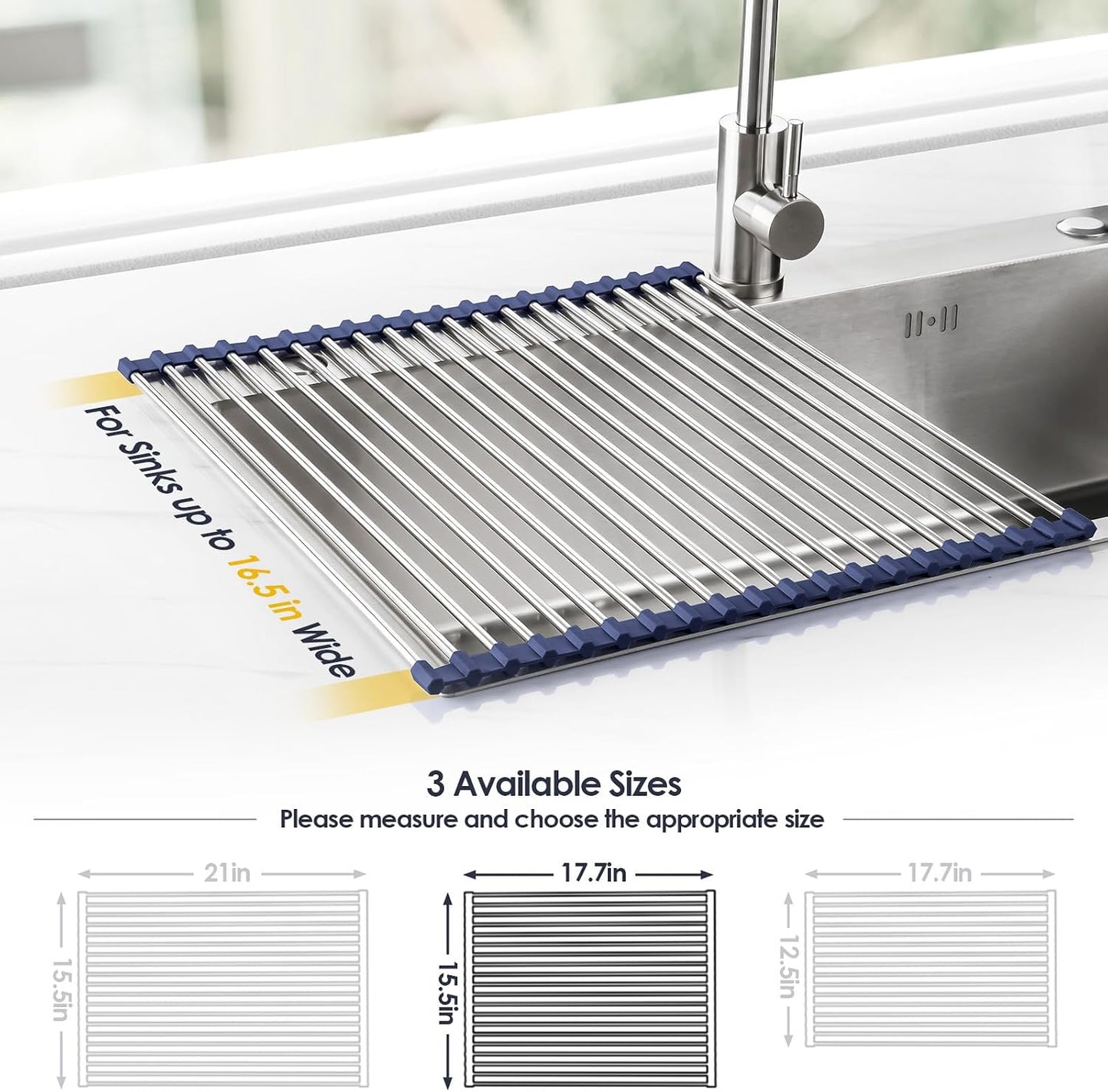 Roll Up Dish Drying Rack Over Sink, 304 Steel, 17.7x15.5, White | Anti-Slip Silicone Rims For Grip, Heat-Resistant Trivet Mat Holding Heavy Cookware, Rustproof Kitchen Counter Space Saver