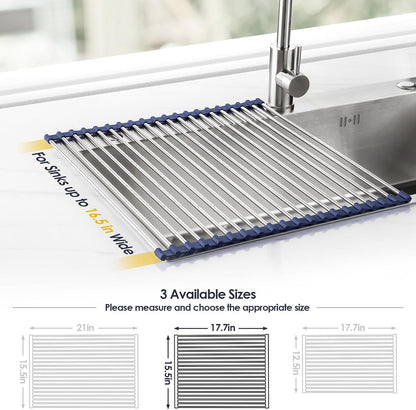 Roll Up Dish Drying Rack Over Sink, 304 Steel, 17.7x15.5, White | Anti-Slip Silicone Rims For Grip, Heat-Resistant Trivet Mat Holding Heavy Cookware, Rustproof Kitchen Counter Space Saver