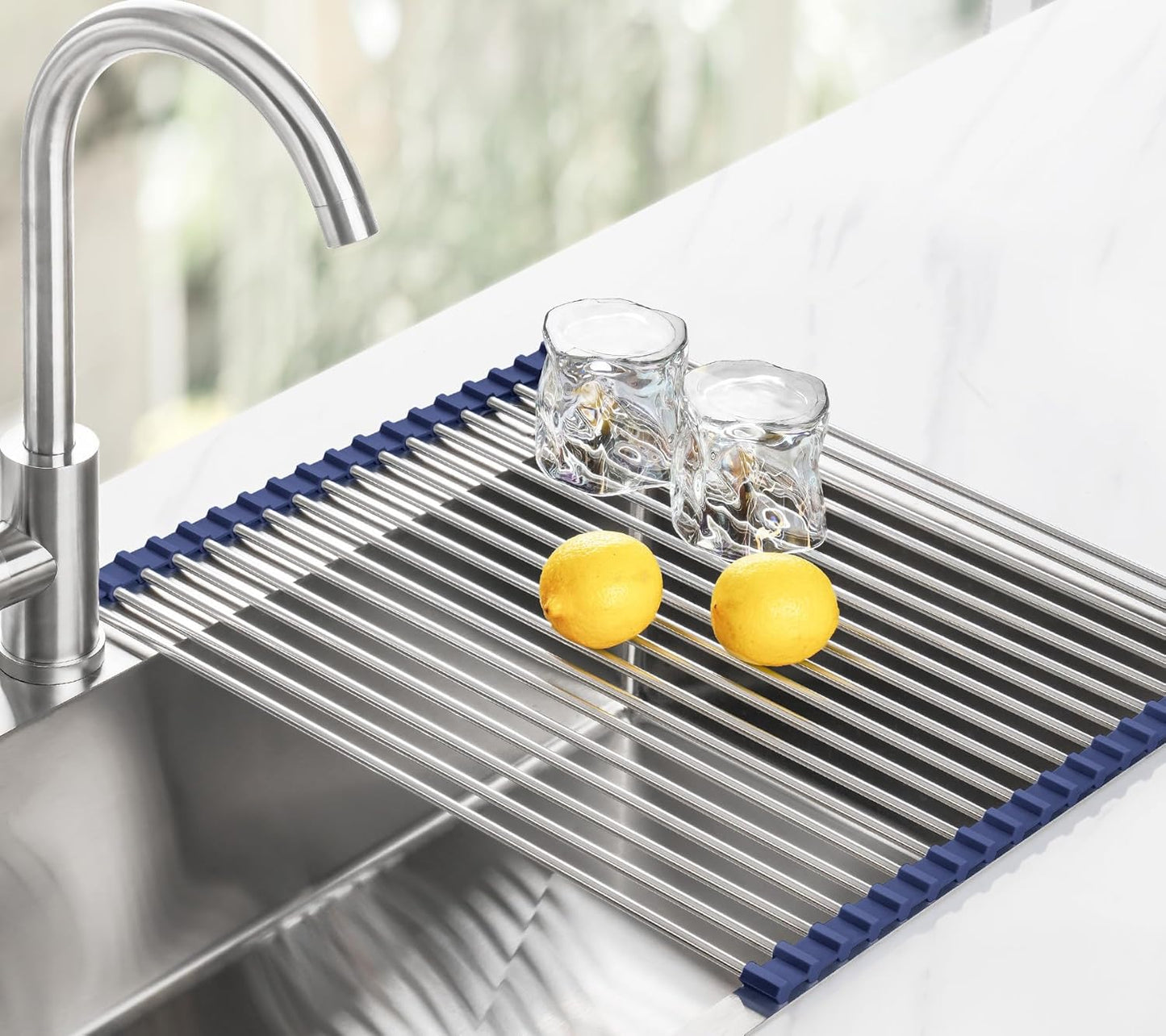 Roll Up Dish Drying Rack Over Sink, 304 Steel, 17.7x15.5, White | Anti-Slip Silicone Rims For Grip, Heat-Resistant Trivet Mat Holding Heavy Cookware, Rustproof Kitchen Counter Space Saver