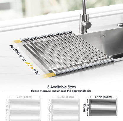 Roll Up Dish Drying Rack Over Sink, 304 Steel, 17.7x15.5, White | Anti-Slip Silicone Rims For Grip, Heat-Resistant Trivet Mat Holding Heavy Cookware, Rustproof Kitchen Counter Space Saver