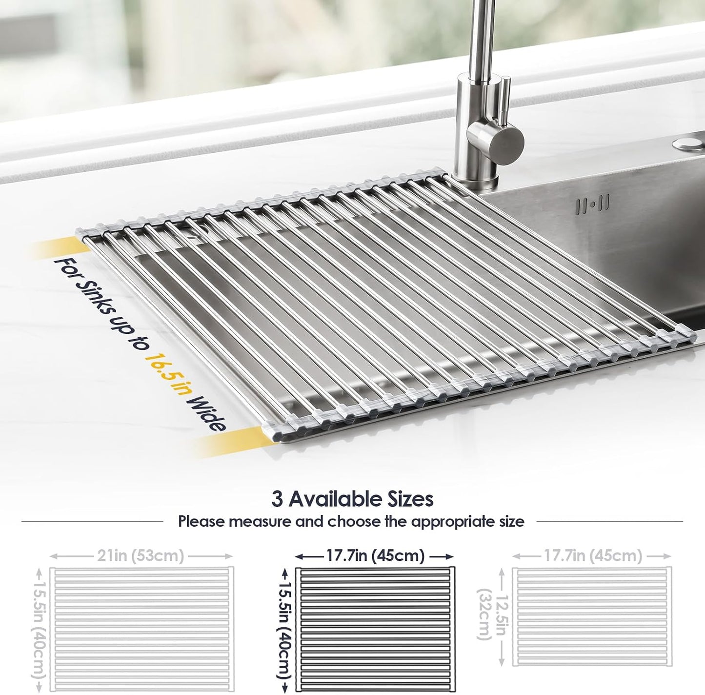 Roll Up Dish Drying Rack Over Sink, 304 Steel, 17.7x15.5, White | Anti-Slip Silicone Rims For Grip, Heat-Resistant Trivet Mat Holding Heavy Cookware, Rustproof Kitchen Counter Space Saver