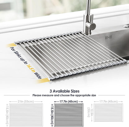 Roll Up Dish Drying Rack Over Sink, 304 Steel, 17.7x15.5, White | Anti-Slip Silicone Rims For Grip, Heat-Resistant Trivet Mat Holding Heavy Cookware, Rustproof Kitchen Counter Space Saver