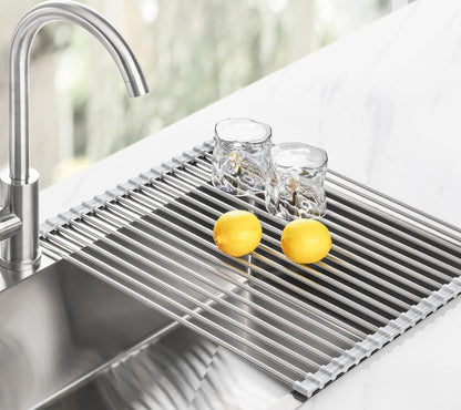Roll Up Dish Drying Rack Over Sink, 304 Steel, 17.7x15.5, White | Anti-Slip Silicone Rims For Grip, Heat-Resistant Trivet Mat Holding Heavy Cookware, Rustproof Kitchen Counter Space Saver