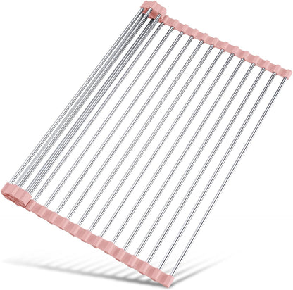 Roll Up Dish Drying Rack Over Sink, 304 Steel, 17.7x15.5, White | Anti-Slip Silicone Rims For Grip, Heat-Resistant Trivet Mat Holding Heavy Cookware, Rustproof Kitchen Counter Space Saver