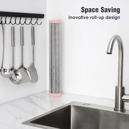 Roll Up Dish Drying Rack Over Sink, 304 Steel, 17.7x15.5, White | Anti-Slip Silicone Rims For Grip, Heat-Resistant Trivet Mat Holding Heavy Cookware, Rustproof Kitchen Counter Space Saver