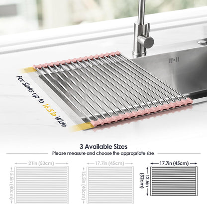 Roll Up Dish Drying Rack Over Sink, 304 Steel, 17.7x15.5, White | Anti-Slip Silicone Rims For Grip, Heat-Resistant Trivet Mat Holding Heavy Cookware, Rustproof Kitchen Counter Space Saver