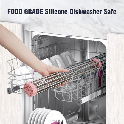 Roll Up Dish Drying Rack Over Sink, 304 Steel, 17.7x15.5, White | Anti-Slip Silicone Rims For Grip, Heat-Resistant Trivet Mat Holding Heavy Cookware, Rustproof Kitchen Counter Space Saver