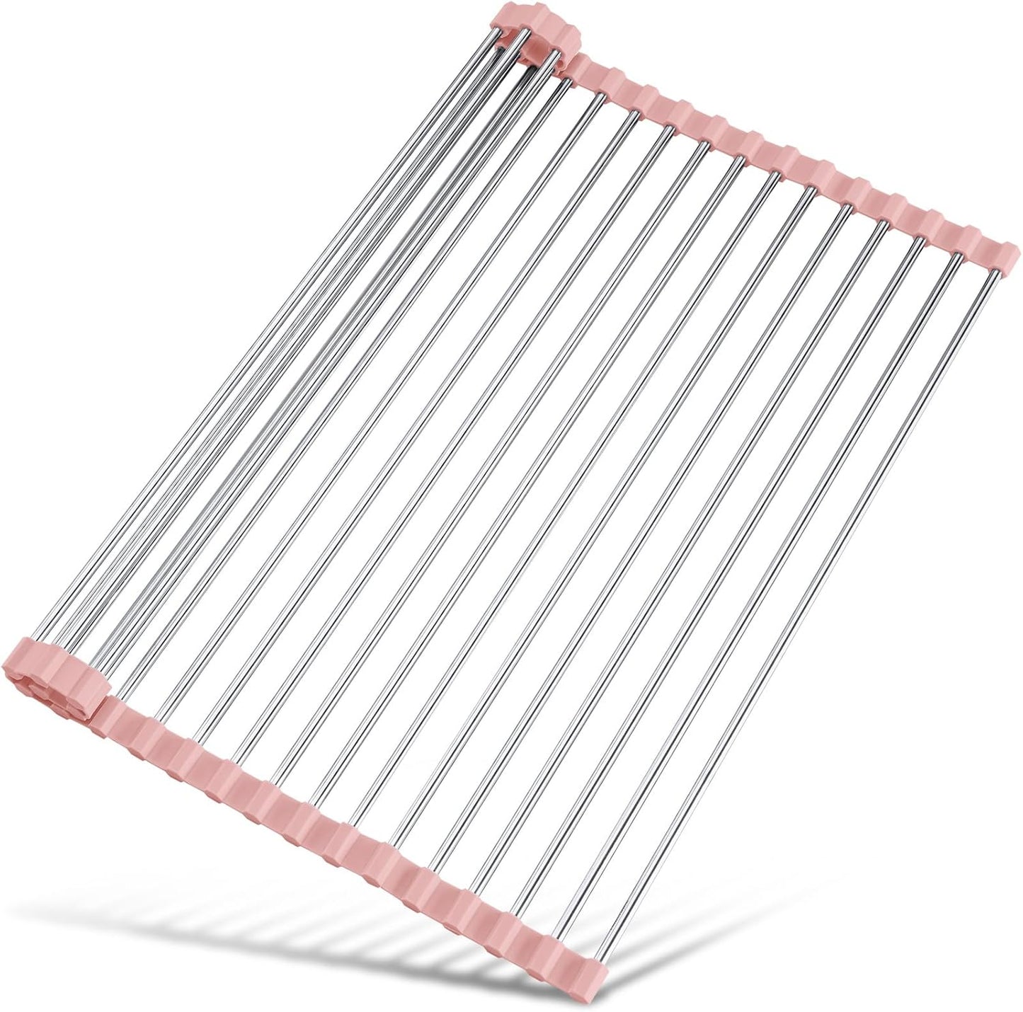Roll Up Dish Drying Rack Over Sink, 304 Steel, 17.7x15.5, White | Anti-Slip Silicone Rims For Grip, Heat-Resistant Trivet Mat Holding Heavy Cookware, Rustproof Kitchen Counter Space Saver