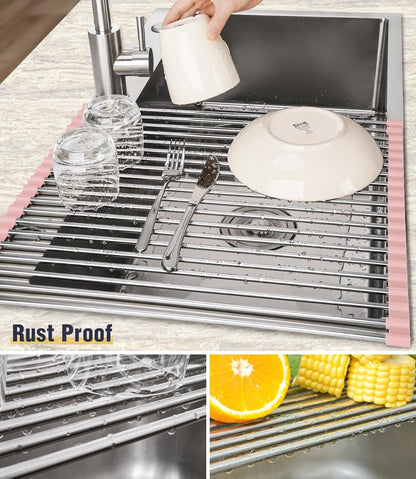 Roll Up Dish Drying Rack Over Sink, 304 Steel, 17.7x15.5, White | Anti-Slip Silicone Rims For Grip, Heat-Resistant Trivet Mat Holding Heavy Cookware, Rustproof Kitchen Counter Space Saver