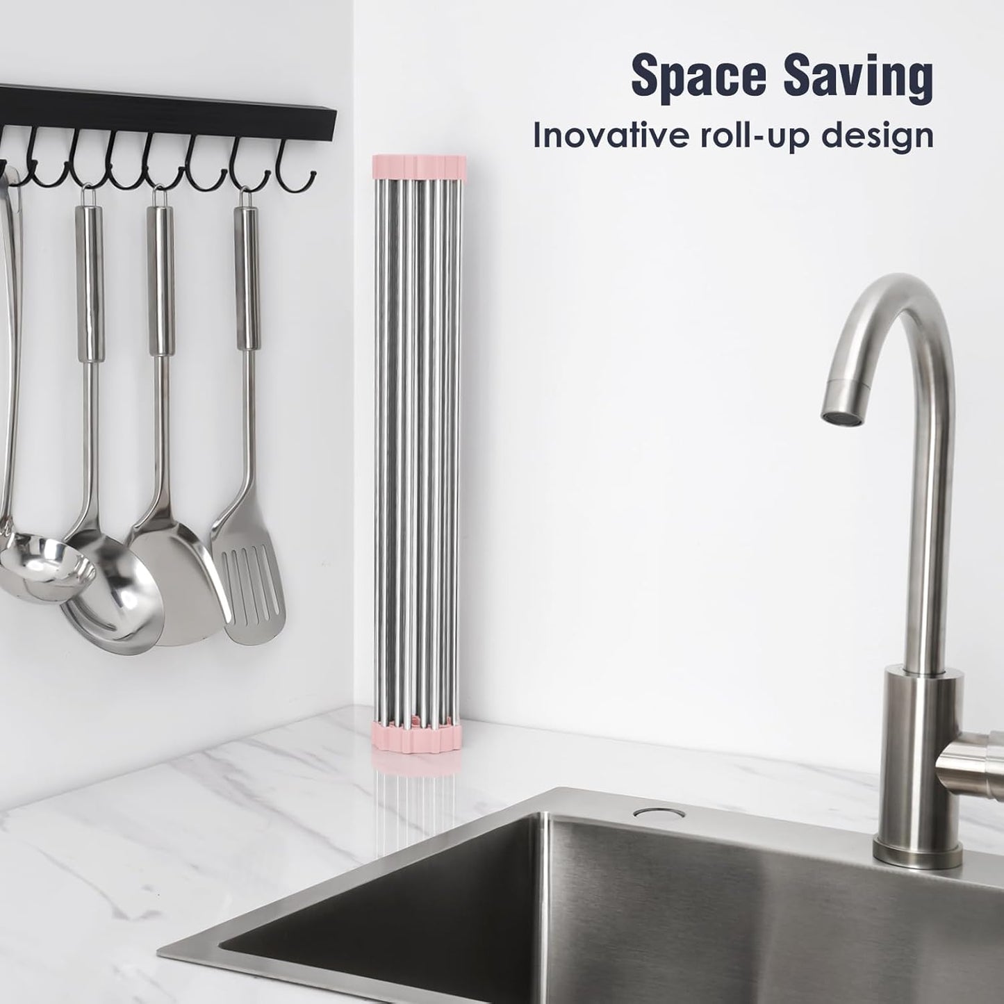 Roll Up Dish Drying Rack Over Sink, 304 Steel, 17.7x15.5, White | Anti-Slip Silicone Rims For Grip, Heat-Resistant Trivet Mat Holding Heavy Cookware, Rustproof Kitchen Counter Space Saver