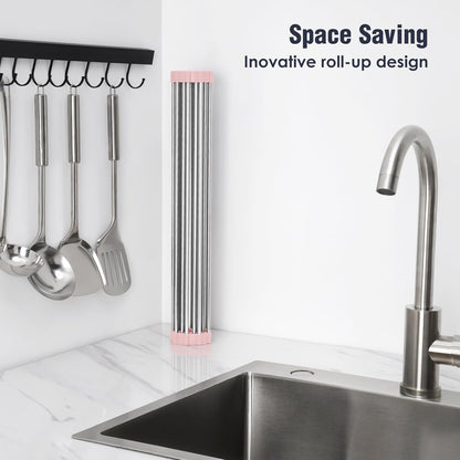 Roll Up Dish Drying Rack Over Sink, 304 Steel, 17.7x15.5, White | Anti-Slip Silicone Rims For Grip, Heat-Resistant Trivet Mat Holding Heavy Cookware, Rustproof Kitchen Counter Space Saver