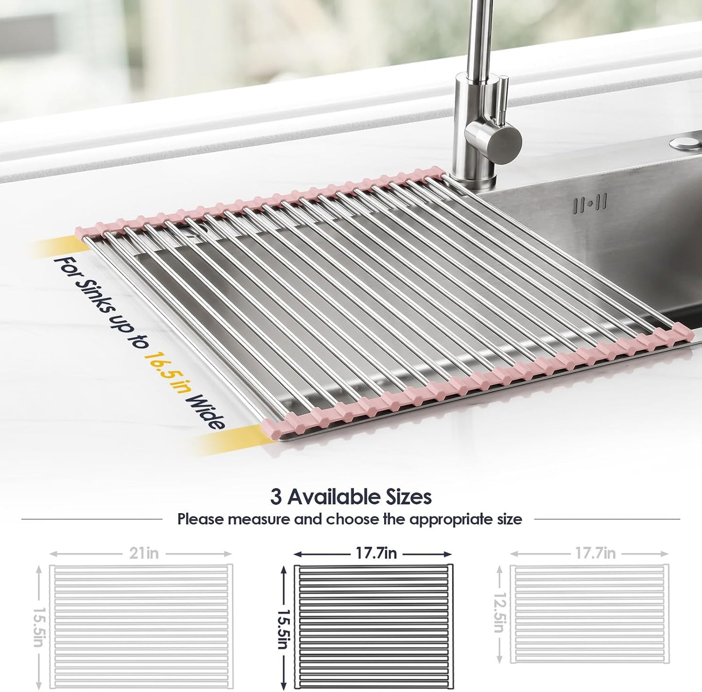 Roll Up Dish Drying Rack Over Sink, 304 Steel, 17.7x15.5, White | Anti-Slip Silicone Rims For Grip, Heat-Resistant Trivet Mat Holding Heavy Cookware, Rustproof Kitchen Counter Space Saver