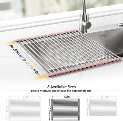 Roll Up Dish Drying Rack Over Sink, 304 Steel, 17.7x15.5, White | Anti-Slip Silicone Rims For Grip, Heat-Resistant Trivet Mat Holding Heavy Cookware, Rustproof Kitchen Counter Space Saver