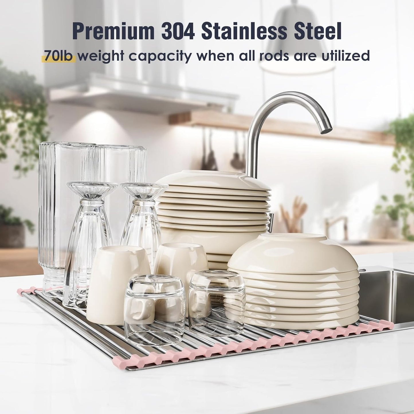 Roll Up Dish Drying Rack Over Sink, 304 Steel, 17.7x15.5, White | Anti-Slip Silicone Rims For Grip, Heat-Resistant Trivet Mat Holding Heavy Cookware, Rustproof Kitchen Counter Space Saver