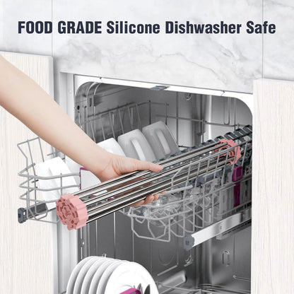 Roll Up Dish Drying Rack Over Sink, 304 Steel, 17.7x15.5, White | Anti-Slip Silicone Rims For Grip, Heat-Resistant Trivet Mat Holding Heavy Cookware, Rustproof Kitchen Counter Space Saver