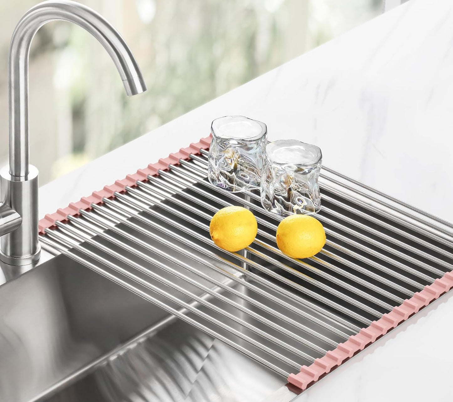 Roll Up Dish Drying Rack Over Sink, 304 Steel, 17.7x15.5, White | Anti-Slip Silicone Rims For Grip, Heat-Resistant Trivet Mat Holding Heavy Cookware, Rustproof Kitchen Counter Space Saver