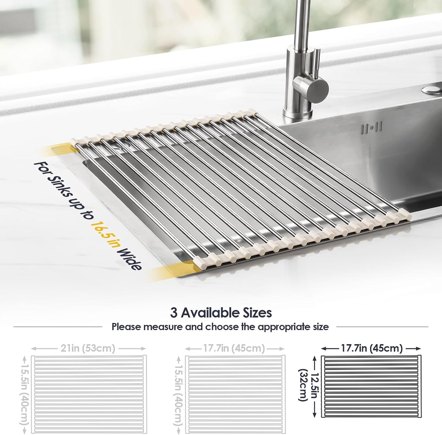 Roll Up Dish Drying Rack Over Sink, 304 Steel, 17.7x15.5, White | Anti-Slip Silicone Rims For Grip, Heat-Resistant Trivet Mat Holding Heavy Cookware, Rustproof Kitchen Counter Space Saver