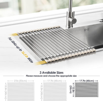 Roll Up Dish Drying Rack Over Sink, 304 Steel, 17.7x15.5, White | Anti-Slip Silicone Rims For Grip, Heat-Resistant Trivet Mat Holding Heavy Cookware, Rustproof Kitchen Counter Space Saver