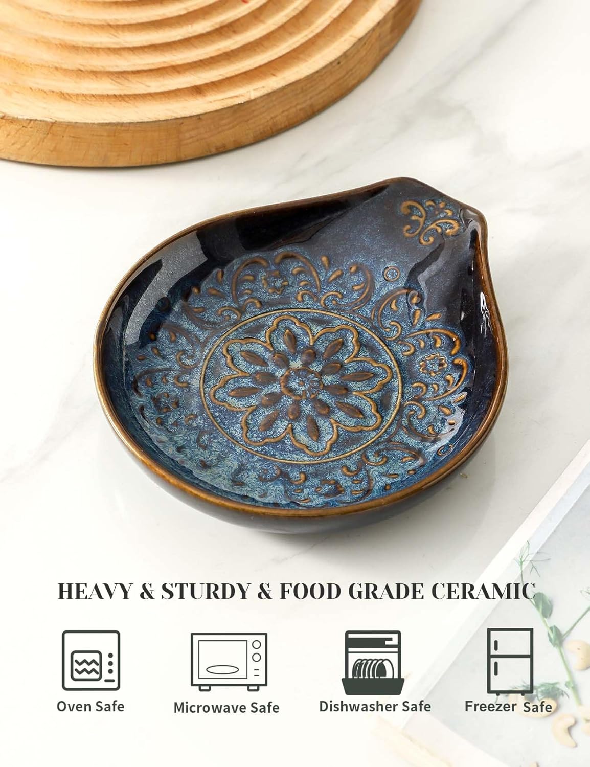 Spoon Rest for Stove Top, Ceramic Cooking Spoon Holder for Kitchen Counter, Farmhouse Cooking Utensil Holder for Spoons, Ladles, Spatula, Glazed Blue