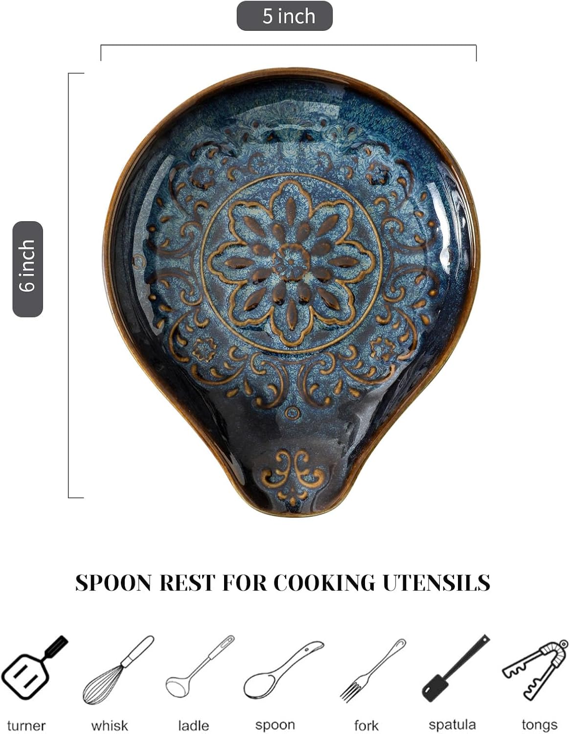 Spoon Rest for Stove Top, Ceramic Cooking Spoon Holder for Kitchen Counter, Farmhouse Cooking Utensil Holder for Spoons, Ladles, Spatula, Glazed Blue