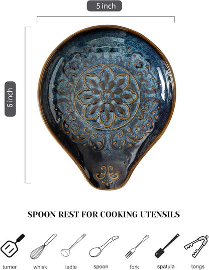 Spoon Rest for Stove Top, Ceramic Cooking Spoon Holder for Kitchen Counter, Farmhouse Cooking Utensil Holder for Spoons, Ladles, Spatula, Glazed Blue