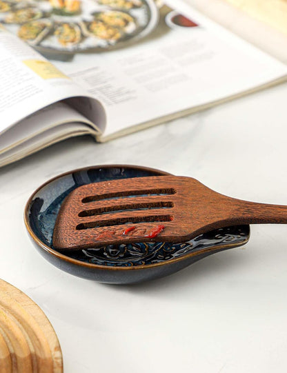Spoon Rest for Stove Top, Ceramic Cooking Spoon Holder for Kitchen Counter, Farmhouse Cooking Utensil Holder for Spoons, Ladles, Spatula, Glazed Blue