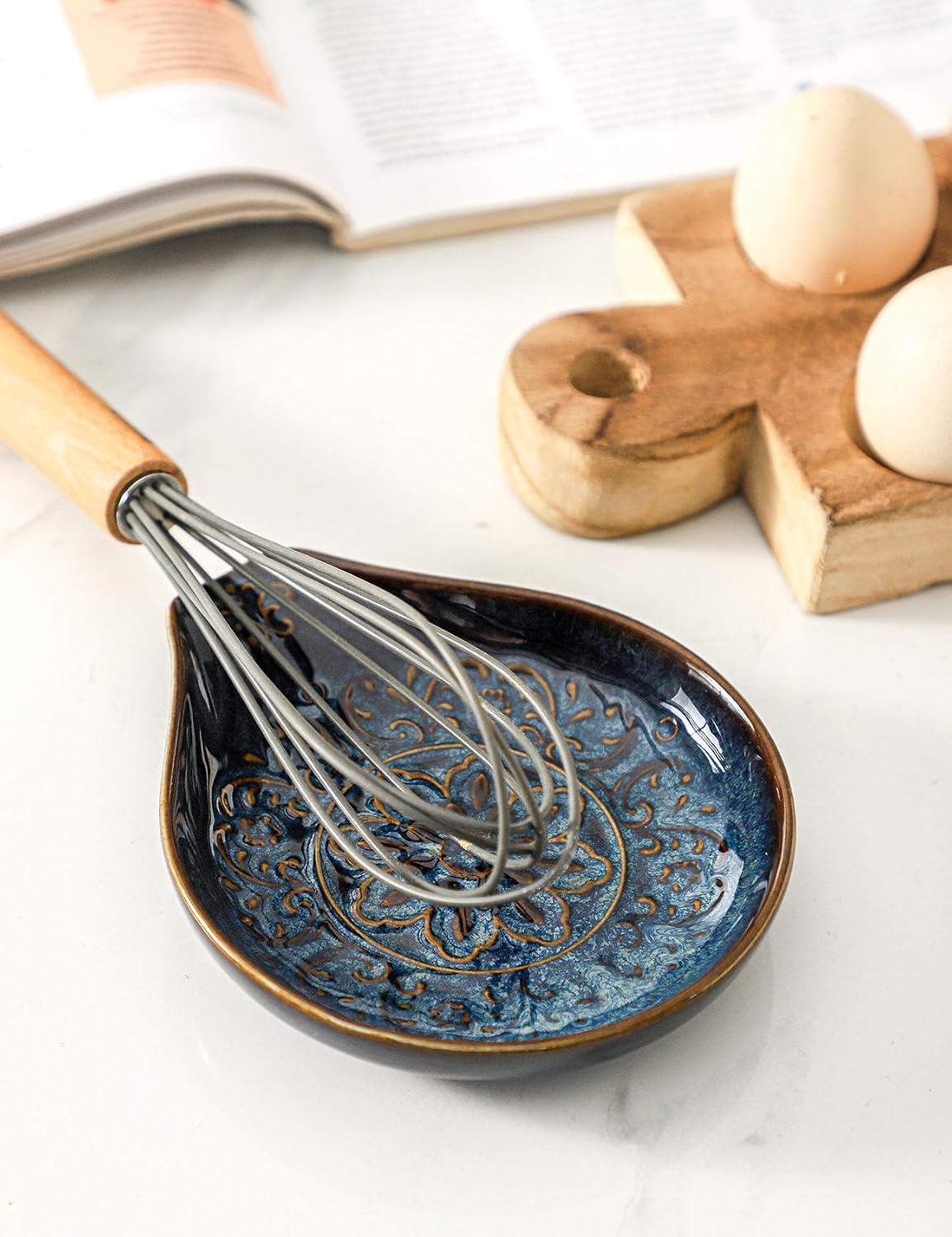 Spoon Rest for Stove Top, Ceramic Cooking Spoon Holder for Kitchen Counter, Farmhouse Cooking Utensil Holder for Spoons, Ladles, Spatula, Glazed Blue